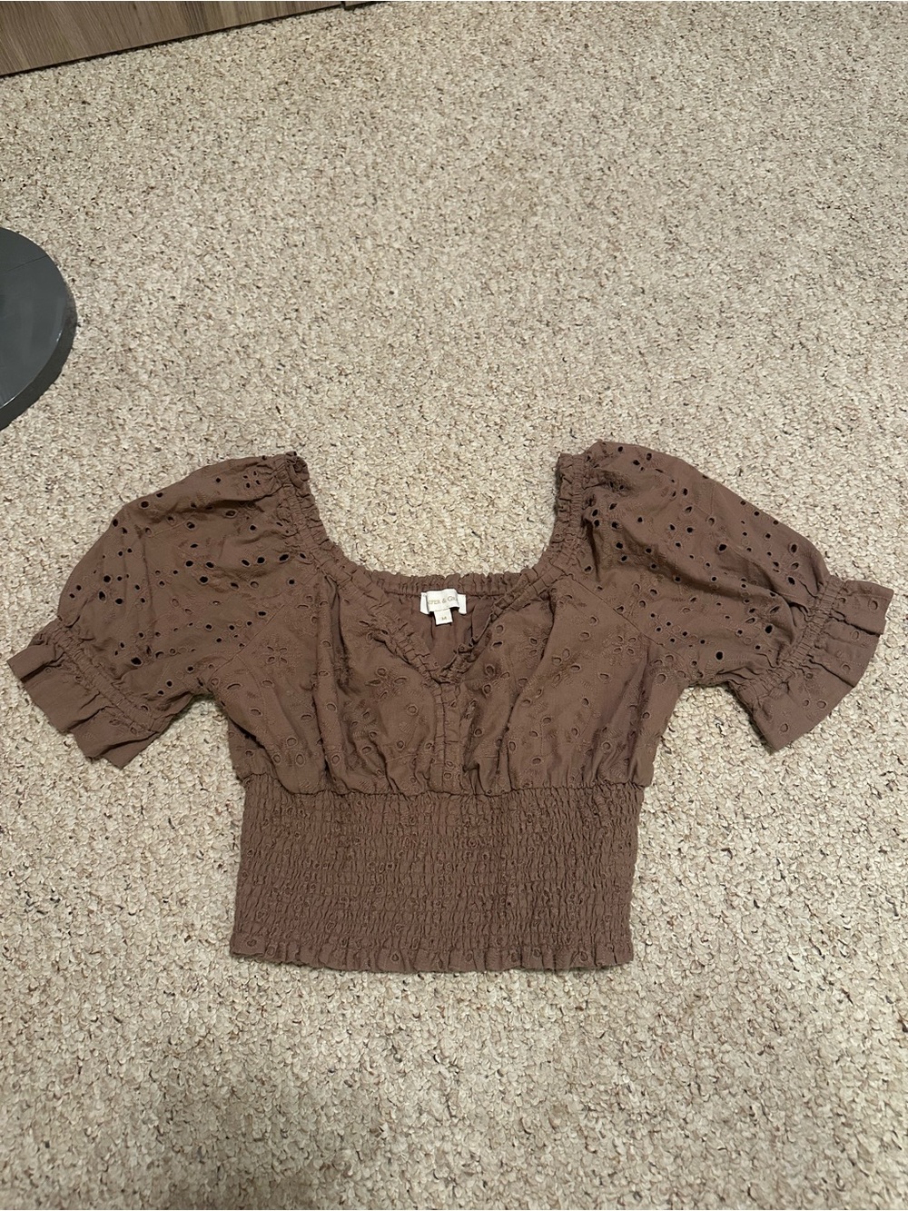 Smocked Waist Brown Eyelet Puff Sleeve Crop Top